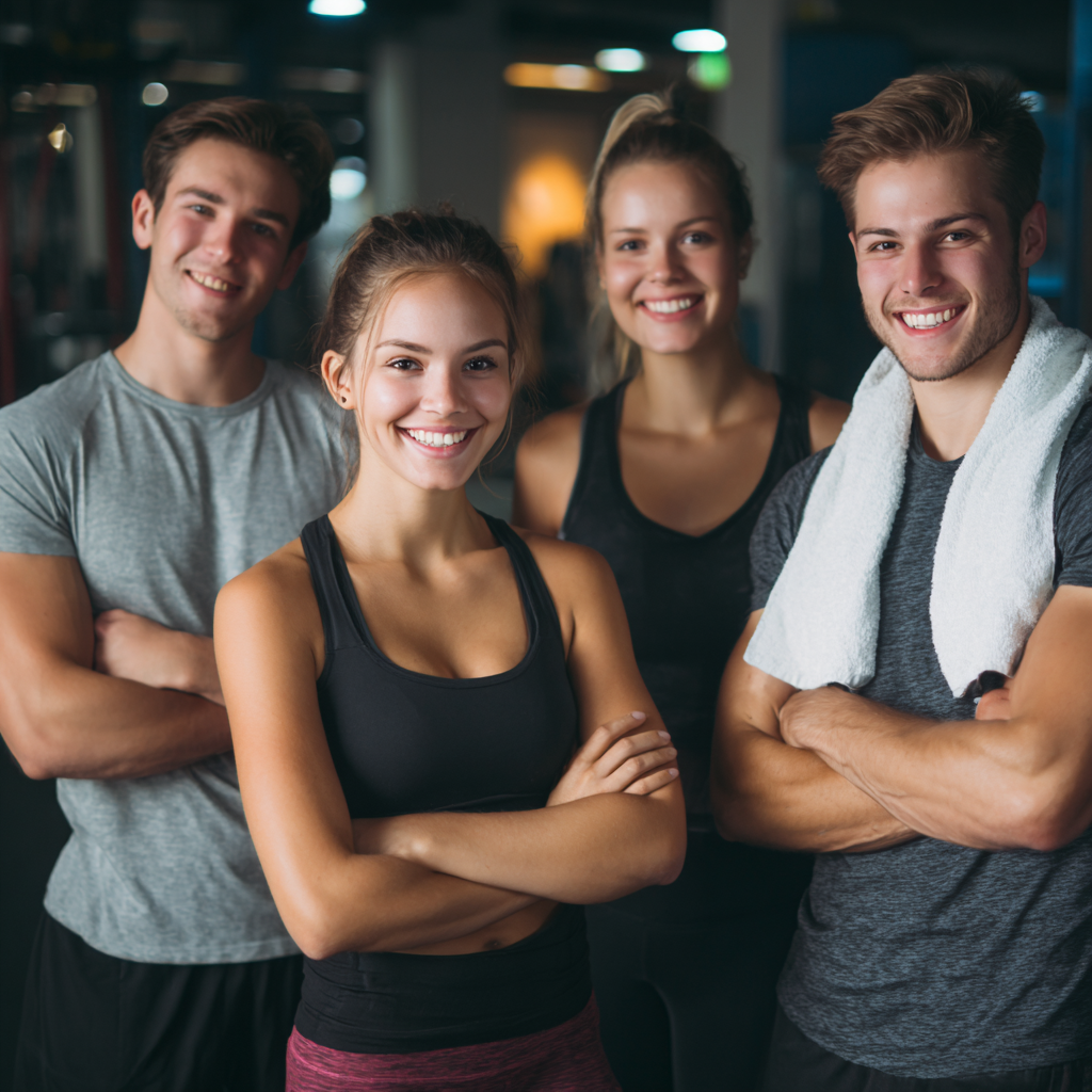 Mosolygó európai edzők csoportja edzőteremben, professzionális kinézet, motiváló légkör, realisztikus stílus