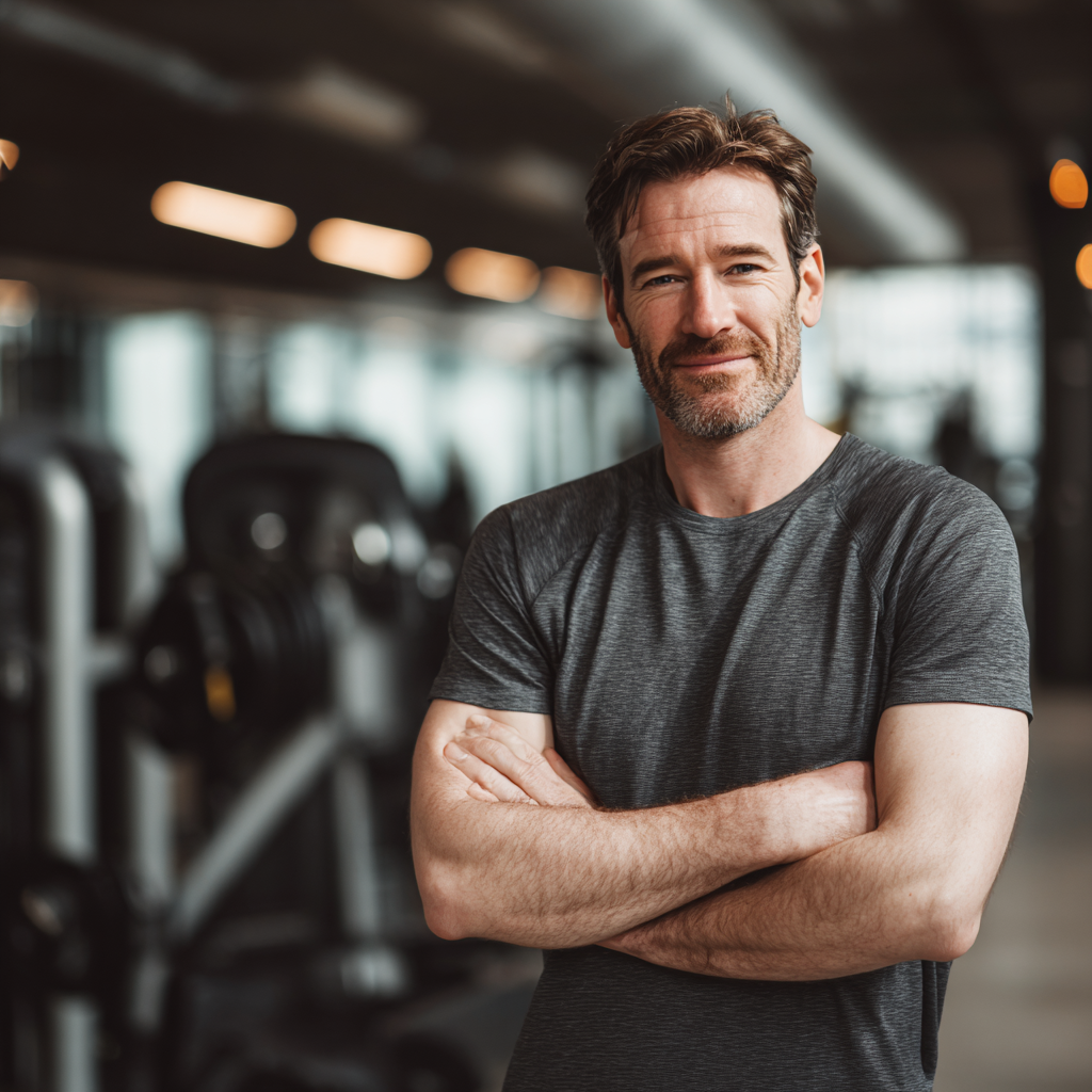 Professzionális európai edző magyaráz egy mosolygó kliensnek az edzőteremben, tudományos megközelítés, realisztikus stílus